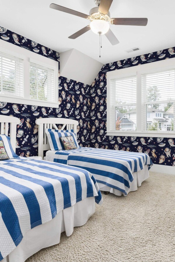 oastal style kids room decorated with Space nursery peel and stick wallpaper