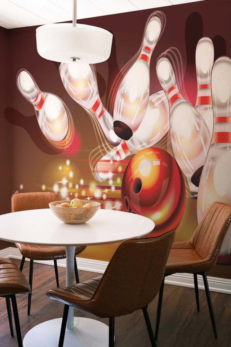 Bowling Strike Wall Mural with bold red and white bowling pins and ball in motion, ideal for game rooms, gyms, or recreational play spaces.