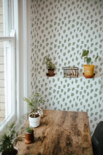 Farmhouse style home office decorated with Speckle peel and stick wallpaper