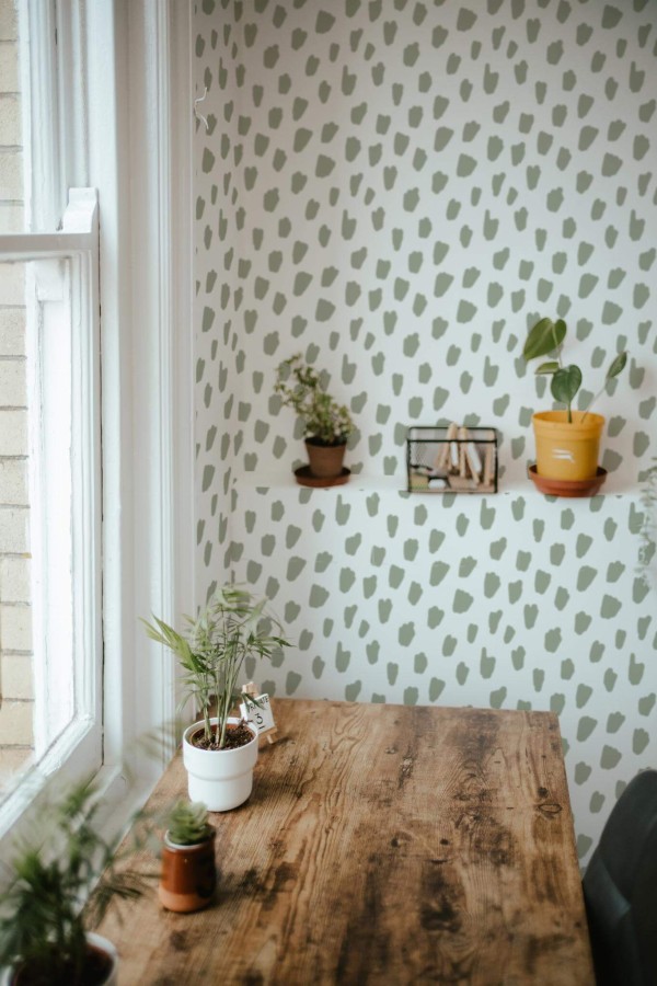 Farmhouse style home office decorated with Speckle peel and stick wallpaper