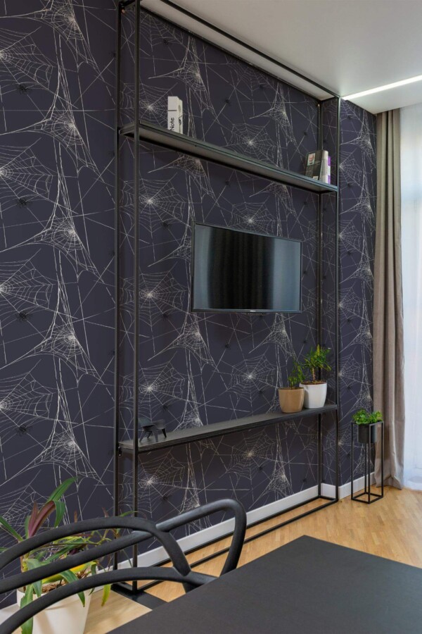 Industrial style living room decorated with Spiderweb peel and stick wallpaper