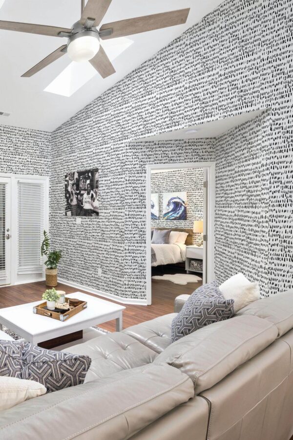 Coastal scandinavian style living room and bedroom decorated with Splashed peel and stick wallpaper