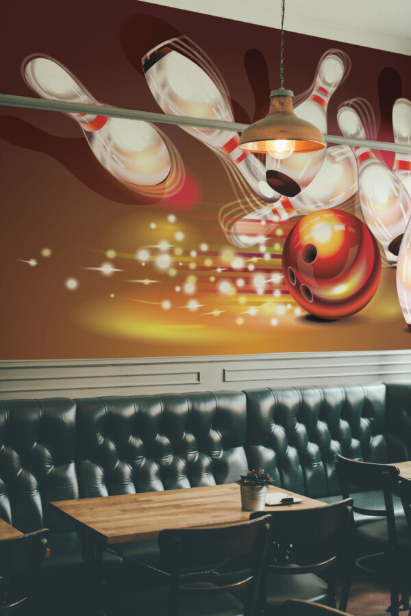 Wall paper mural of a bowling game moment with white pins and dynamic light trails by Fancy Walls