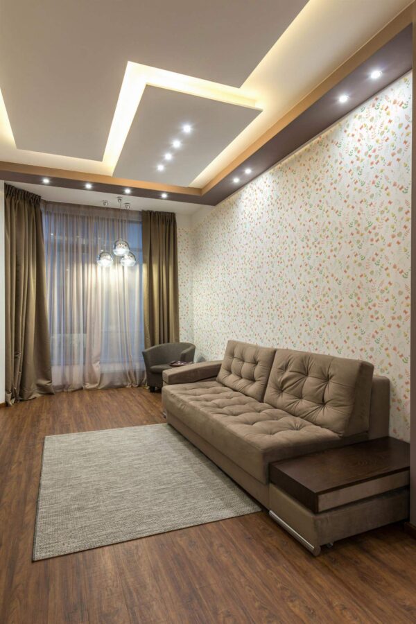 Modern Eastern European style living room decorated with Spring flowers peel and stick wallpaper