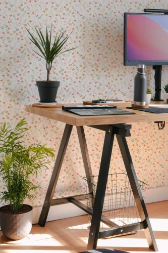 Scandinavian style home office decorated with Spring flowers peel and stick wallpaper