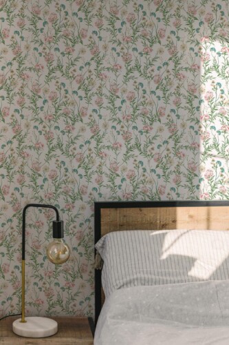 Minimal modern style bedroom decorated with Spring wildflower peel and stick wallpaper