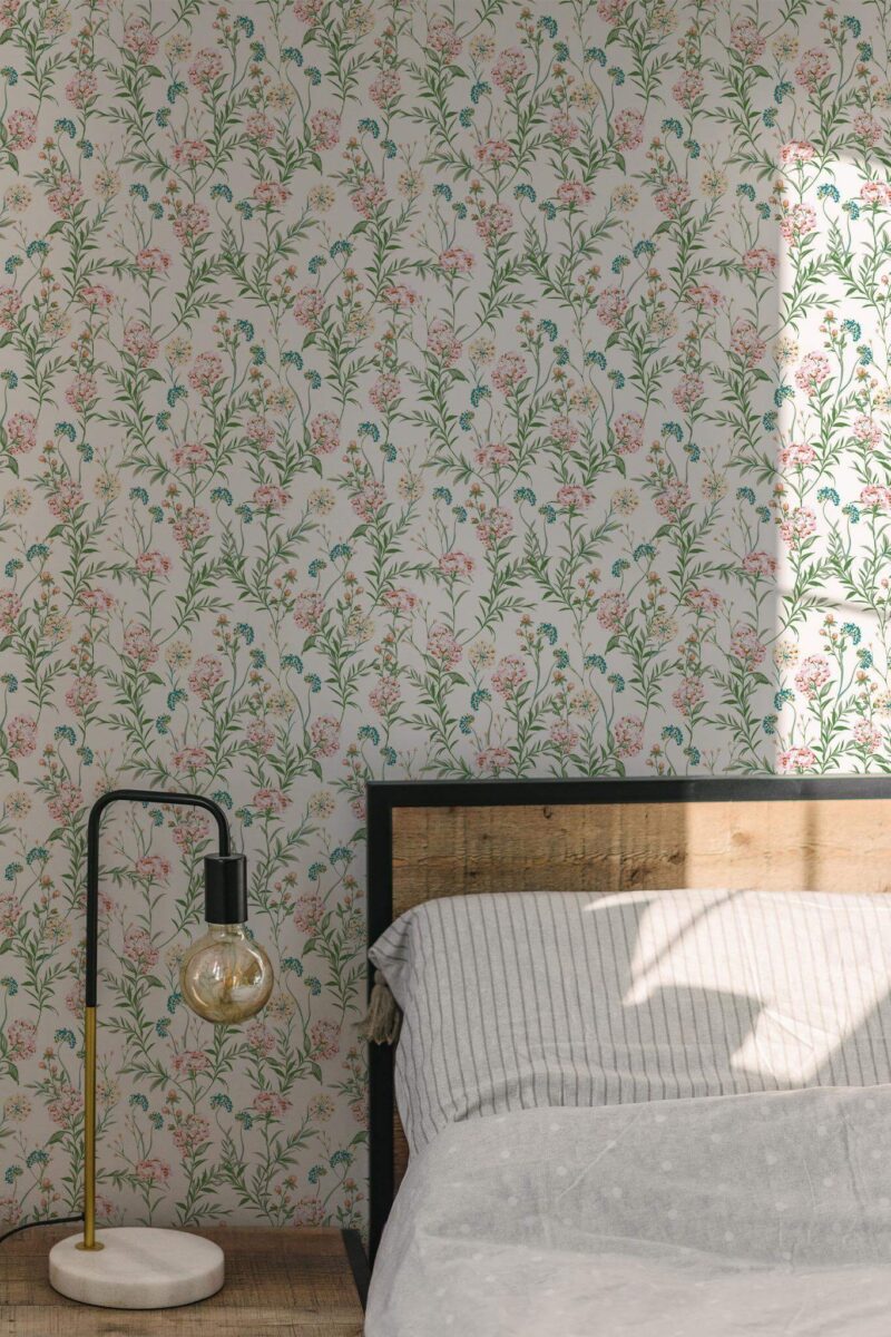 Minimal modern style bedroom decorated with Spring wildflower peel and stick wallpaper