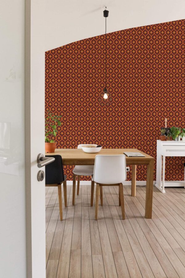 Minimal farmhouse style dining room decorated with Star ogee peel and stick wallpaper