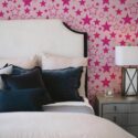 Shabby chic style bedroom decorated with Starlit Doll House Inspired peel and stick wallpaper