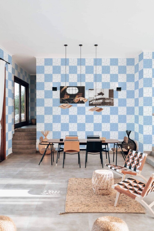 Modern boho style living dining room decorated with Stomatology pattern peel and stick wallpaper