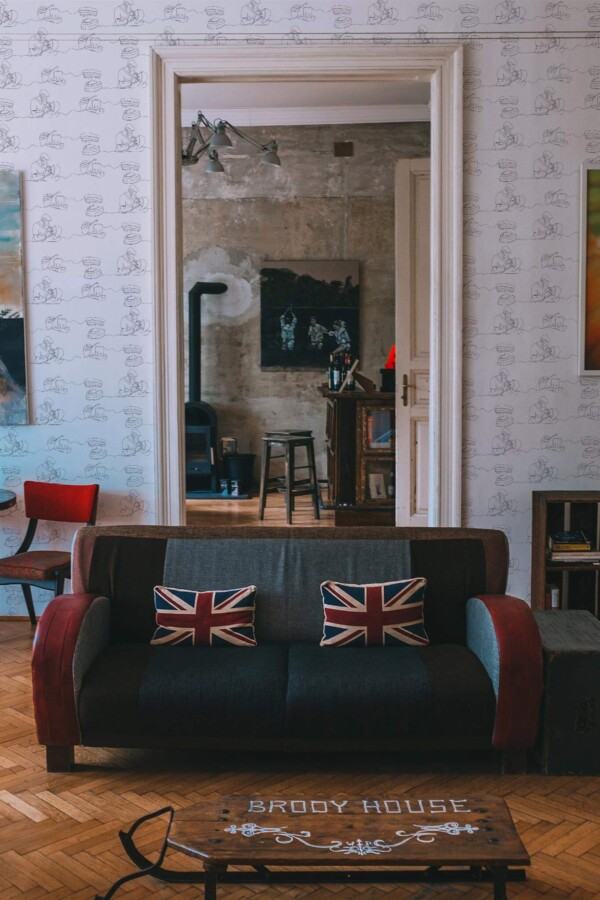 Industrial rustic style living dining room decorated with Stomatology peel and stick wallpaper