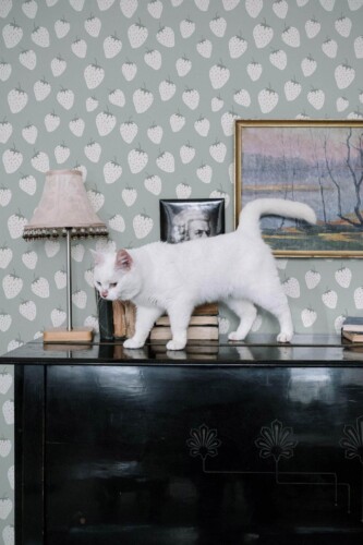 Industrial style music room decorated with Strawberry peel and stick wallpaper