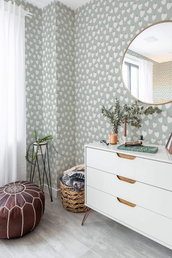 Scandinavian style bedroom decorated with Strawberry peel and stick wallpaper and Mediterranean accents