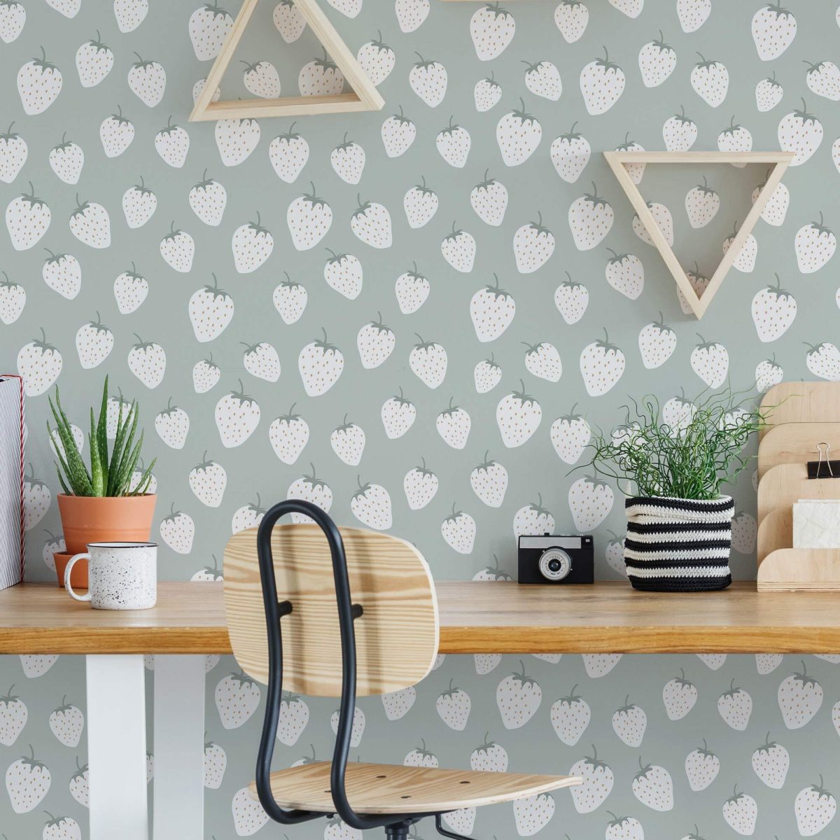 White and green strawberry wallpaper for kids room
