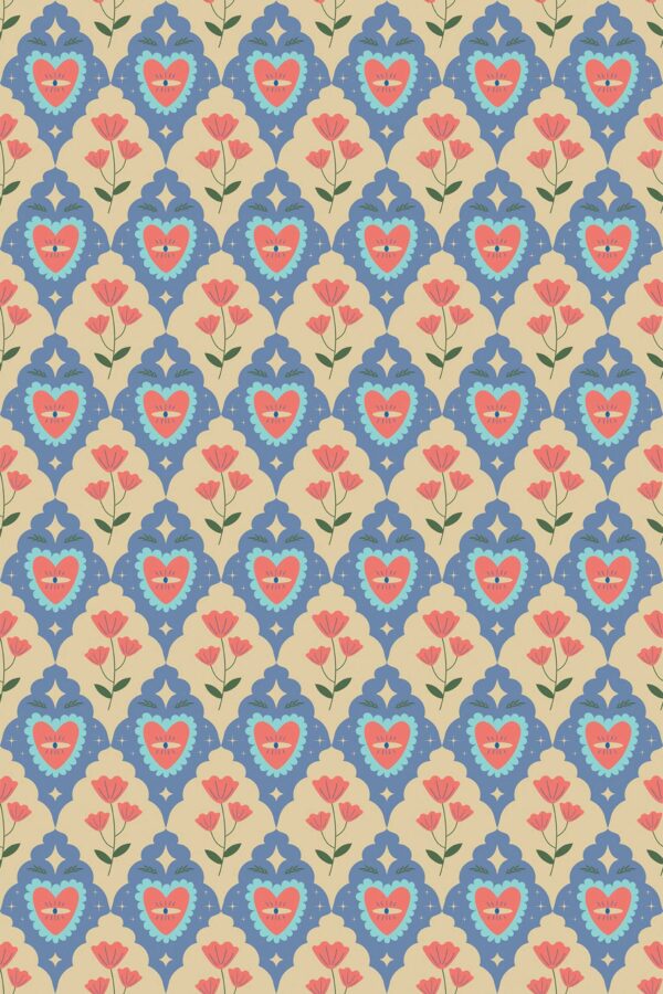Fancy Walls traditional wallpaper with a cheerful blue and yellow geometric theme.