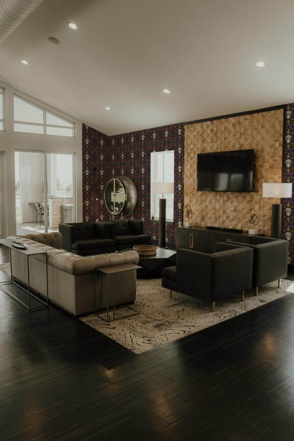 Hollywood glam style living room decorated with Sugar skull peel and stick wallpaper