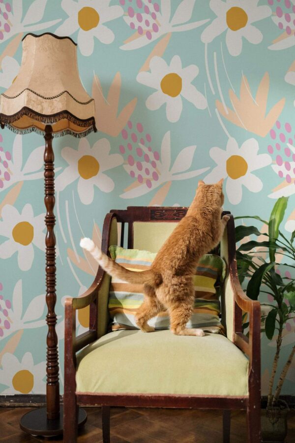 Victorian style living room with a cat decorated with Summer flowers peel and stick wallpaper