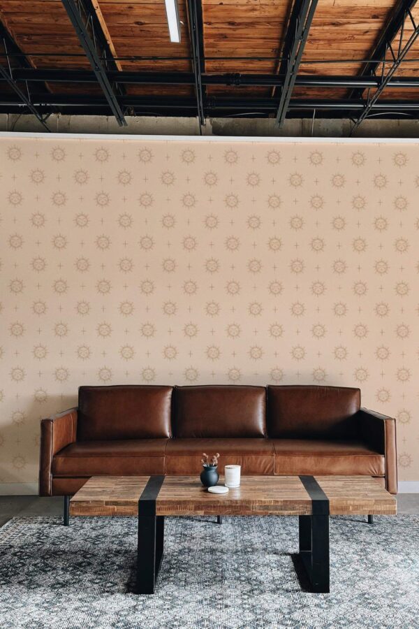 Industrial rustic style living room decorated with Sunny boho peel and stick wallpaper