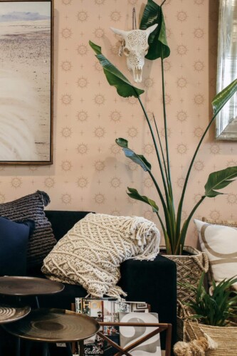 Scandinavian style living room decorated with Sunny boho peel and stick wallpaper
