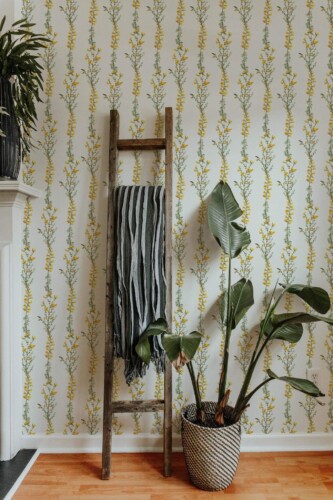 Scandinavian style living room decorated with Sunny flower peel and stick wallpaper