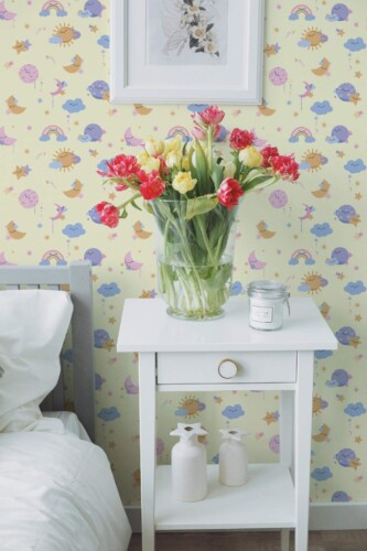 Farmhouse style bedroom decorated with Sunny sky peel and stick wallpaper