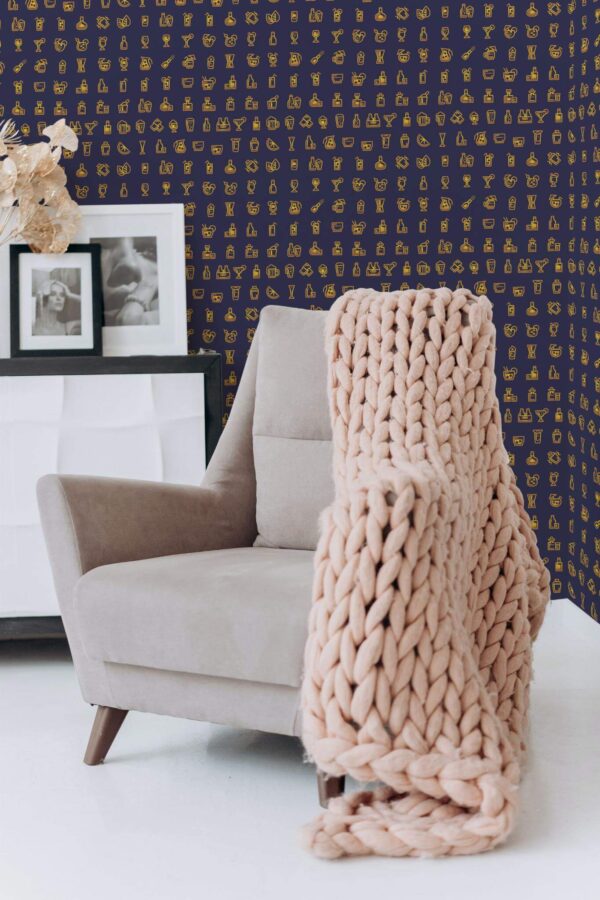 Boho style living room decorated with Sunset cocktail icons peel and stick wallpaper