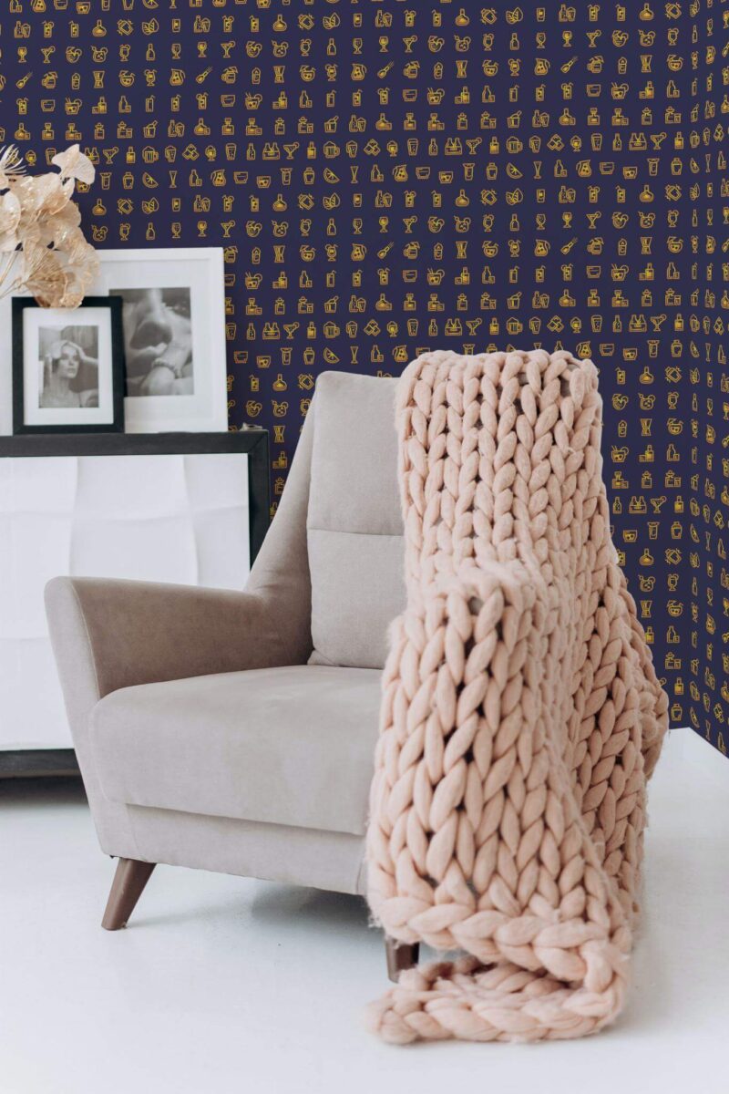 Boho style living room decorated with Sunset cocktail icons peel and stick wallpaper
