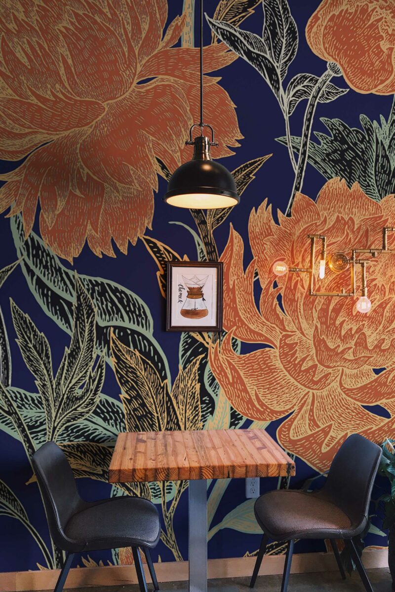 Mystic Floral peel and stick or non-pasted wall mural. Bold botanical floral accent wall mural with dark blue background and orange illustrated blooms.