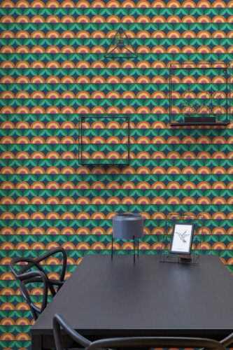 Industrial modern style dining room decorated with Sunset flowers peel and stick wallpaper