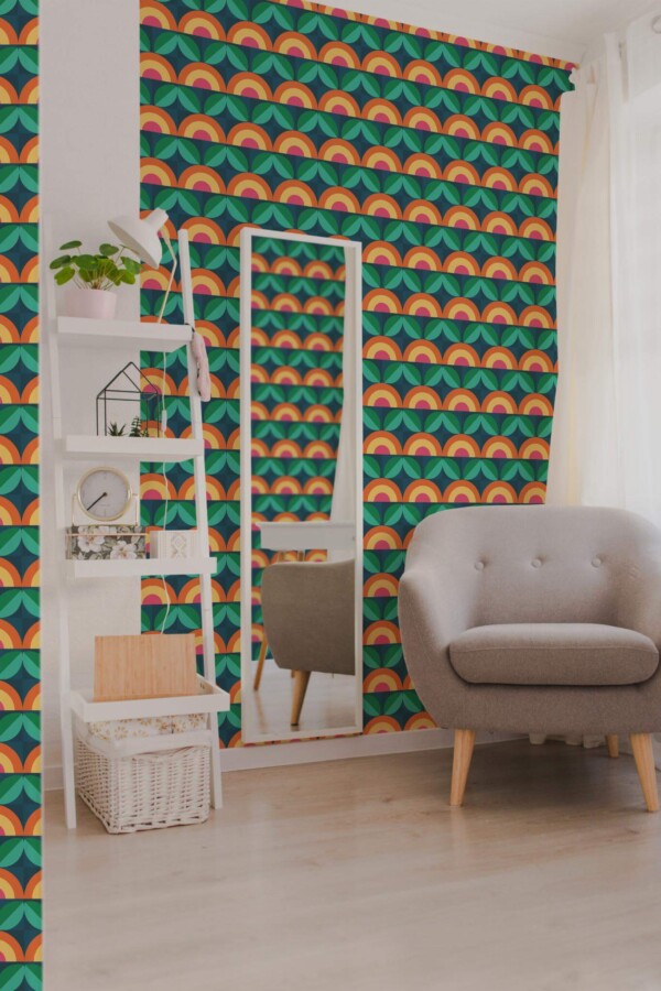 Light boho style living room decorated with Sunset flowers peel and stick wallpaper
