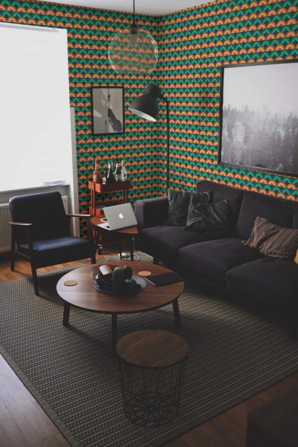 Modern dark industrial style living room decorated with Sunset flowers peel and stick wallpaper