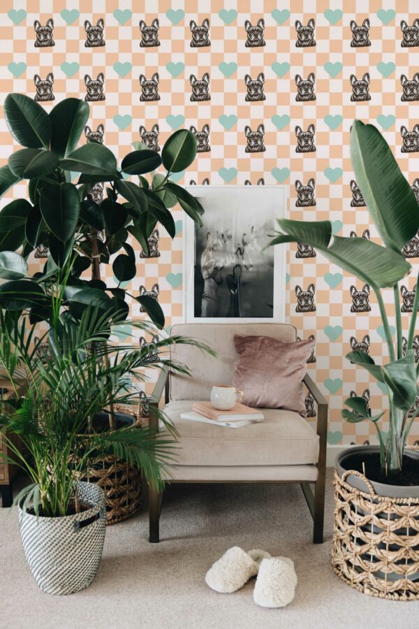 Fancy Walls peel and stick wallpaper featuring Frenchie Charm design
