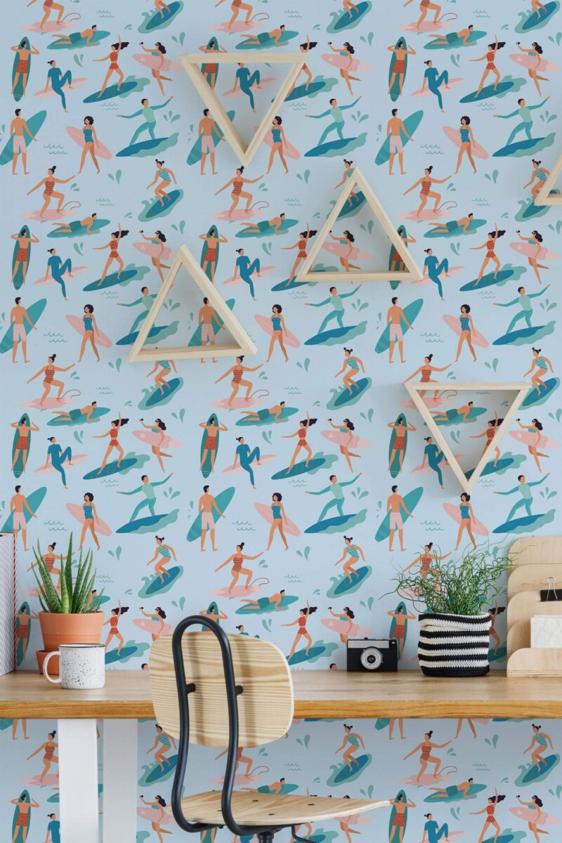 Scandinavian style home office decorated with Surfers peel and stick wallpaper