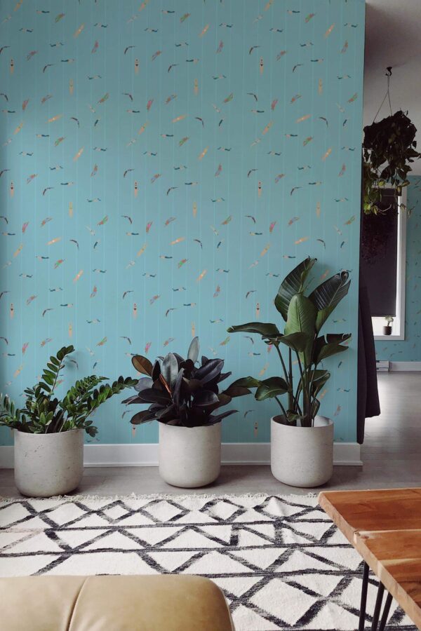 Scandinavian style living room decorated with Swimmers in pool peel and stick wallpaper