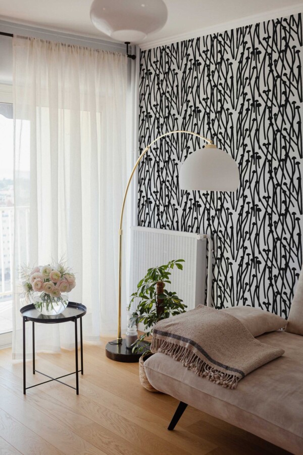 Removable wallpaper with nature-style mushroom sketches by Fancy Walls