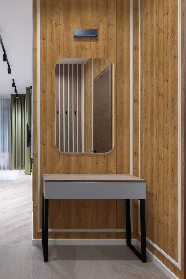 Modern scandinavian style entryway decorated with Tan shiplap wood peel and stick wallpaper