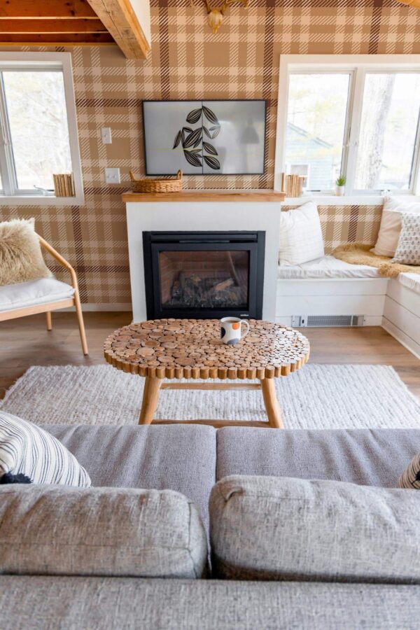 Farmhouse boho style living room decorated with Tartan brown peel and stick wallpaper