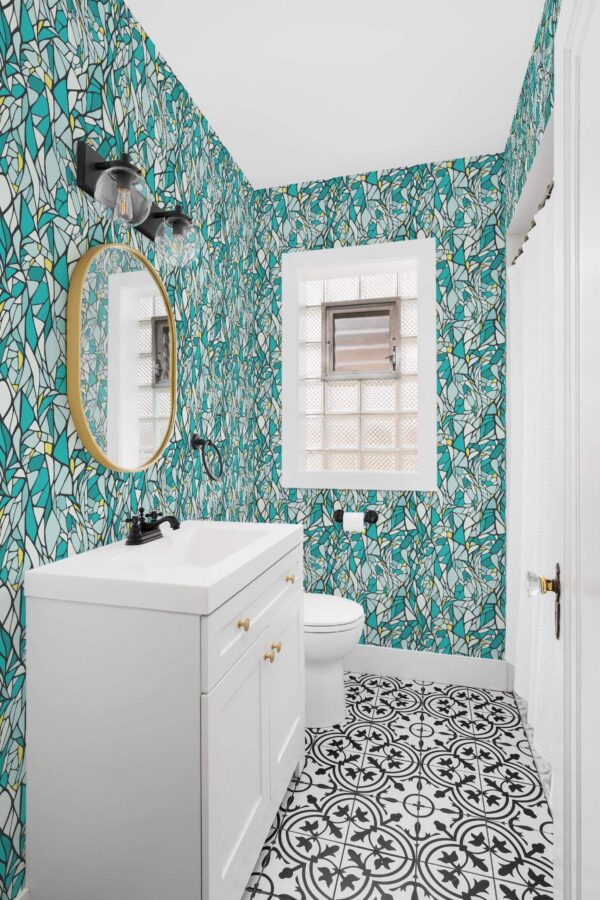 Minimal style bathroom decorated with Teal mosaic peel and stick wallpaper