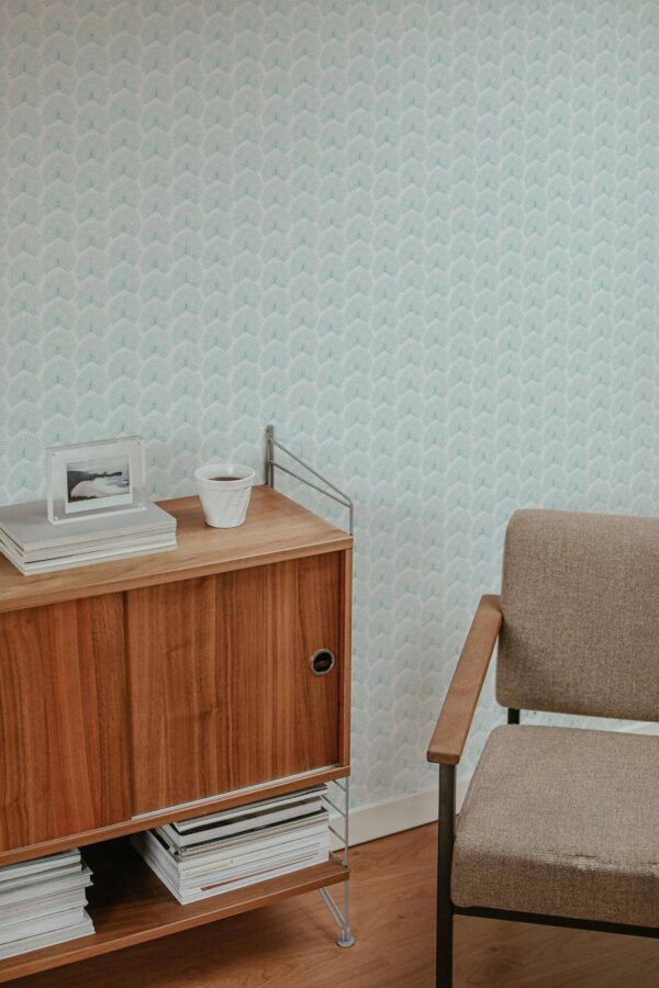Mid-century style living room decorated with Teal palm leaf peel and stick wallpaper