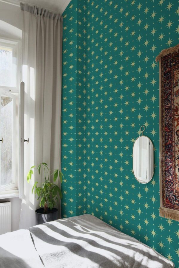 Bohemian style bedroom decorated with Teal stars peel and stick wallpaper