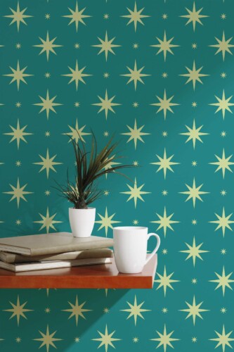 Scandinavian style accent wall decorated with Teal stars peel and stick wallpaper