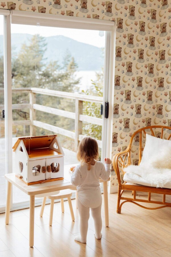 Boho gender neutral style kids room decorated with Teddy bear peel and stick wallpaper
