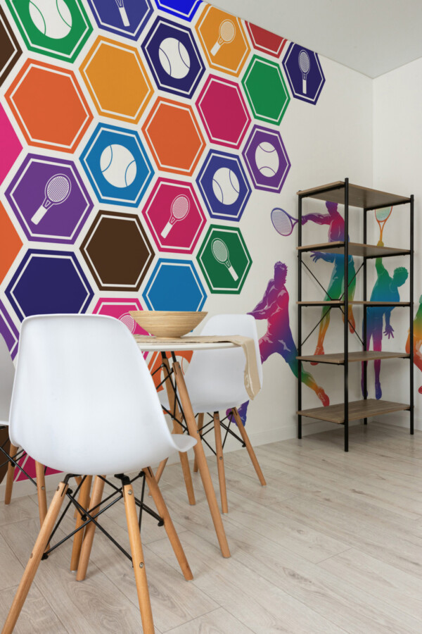 Fancy Walls colorful wallpaper mural featuring tennis pictograms.