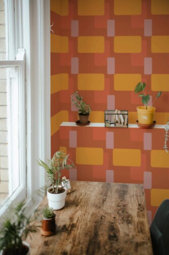 Farmhouse style home office decorated with Terracota geometry peel and stick wallpaper