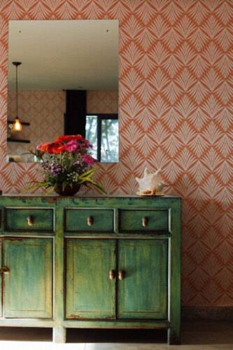 Industrial style living room decorated with Terracotta art deco leaves peel and stick wallpaper