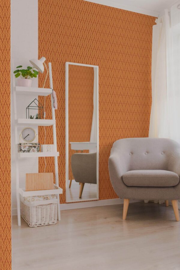 Light boho style living room decorated with Terracotta art deco peel and stick wallpaper