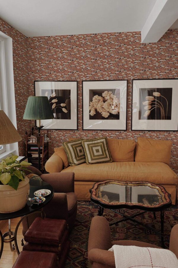 Mid-century eclectic style living room decorated with Terracotta brick peel and stick wallpaper