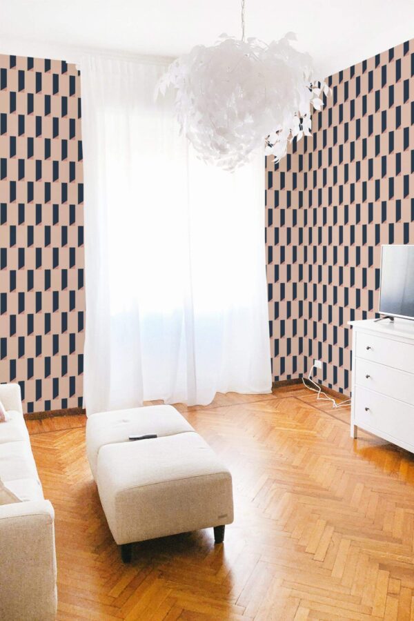 Modern boho style living room decorated with Terracotta in three dimensions peel and stick wallpaper