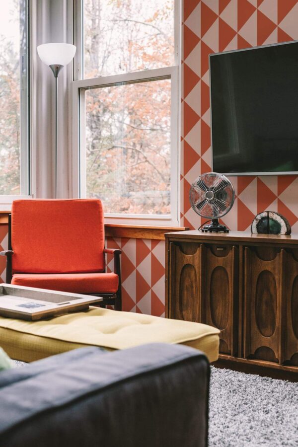 Rustic style living room decorated with Terracotta triangles peel and stick wallpaper