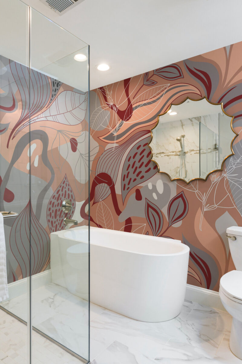 Modern Gray Botanicals Wall Mural with bold abstract leaves in peach, gray, and terracotta tones, ideal for living rooms, dining areas, or biophilic-inspired interiors.